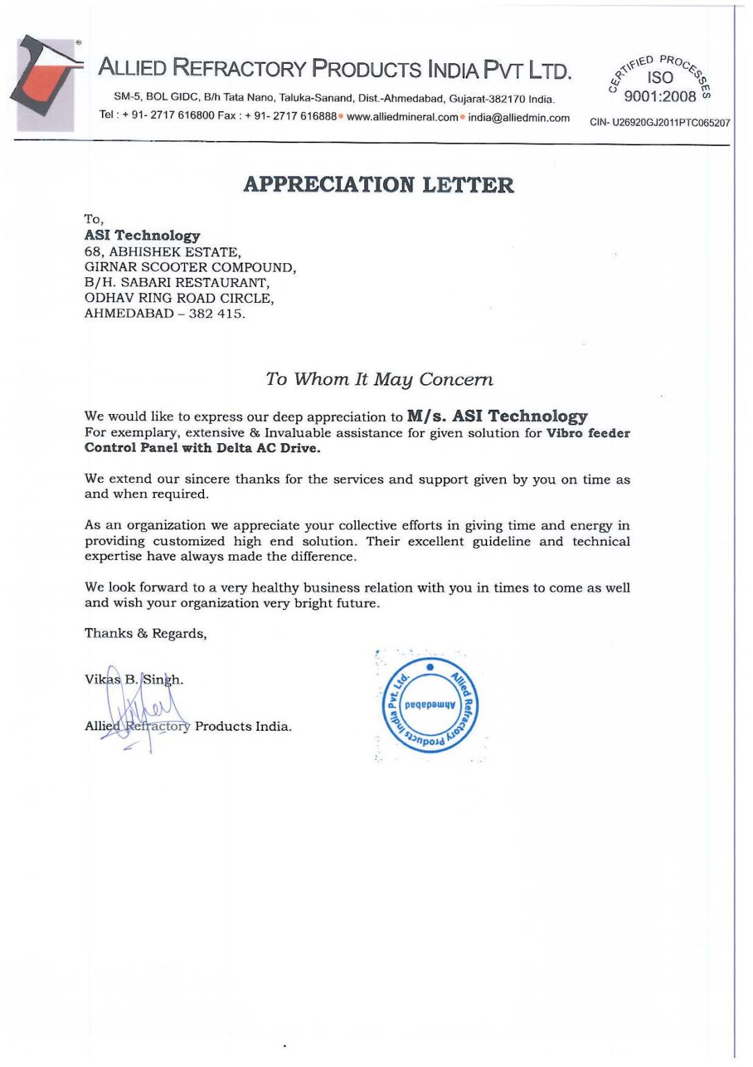 ALLIED REFRACTORY LETTER